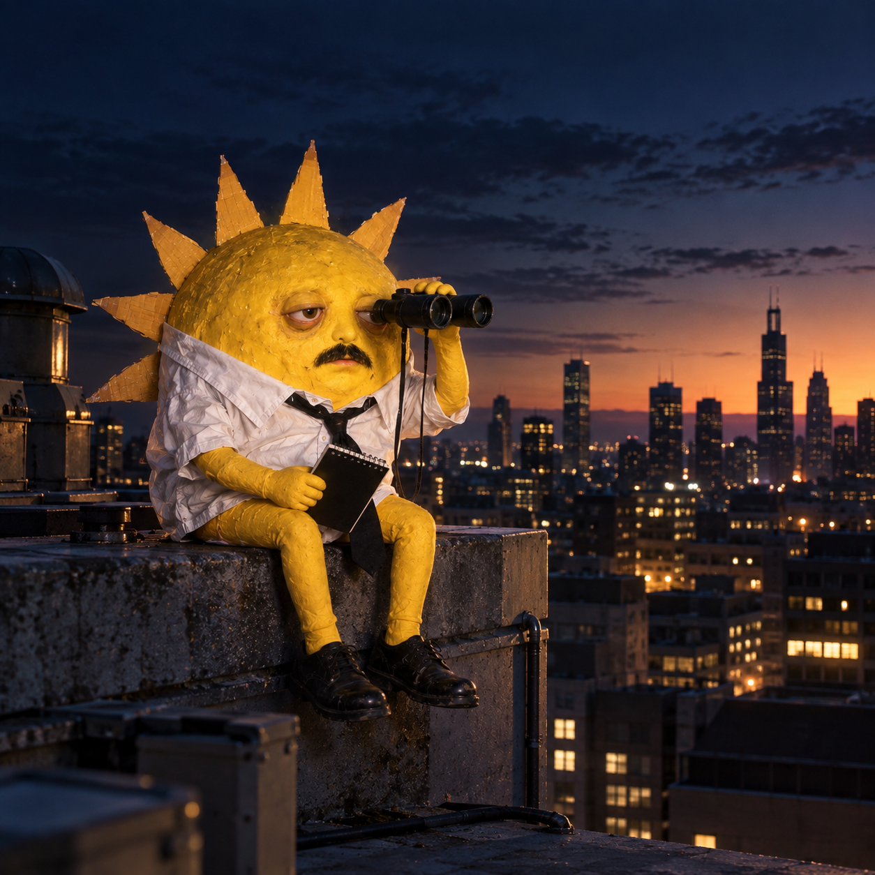 The tired sun watching the market through binoculars at dawn